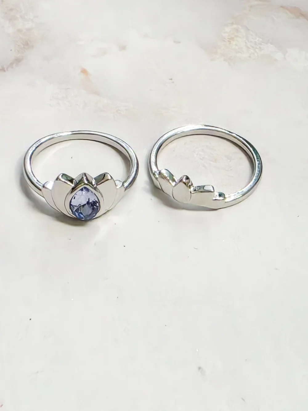 Boho Silvery Lotus Flower Ring Set | Blue Water Drop Crystal Size 8